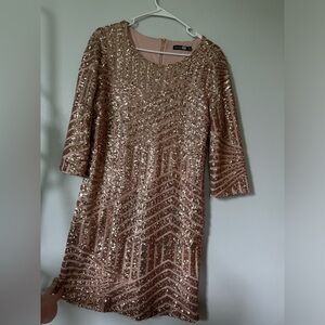 Rose Gold Boohoo Sequin Dress with 3/4 Sleeves
